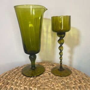 Midcentury Jewel Toned Green Glass Candleholder & Pitcher/Vase Set
